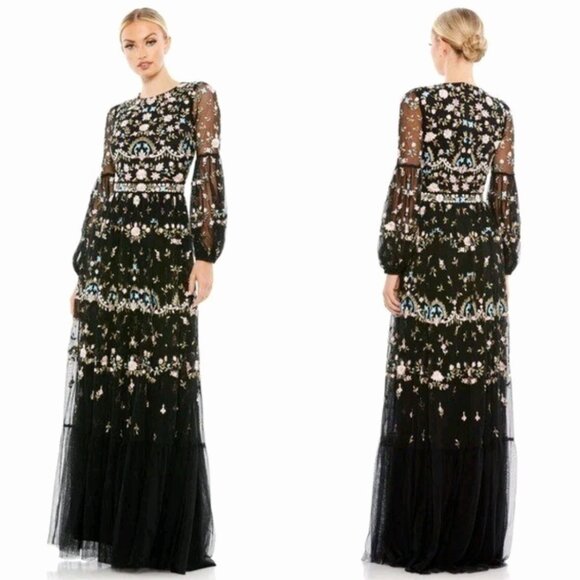 NEW Mac Duggal Embroided High Neck Illusion SleeveGown - Picture 1 of 12